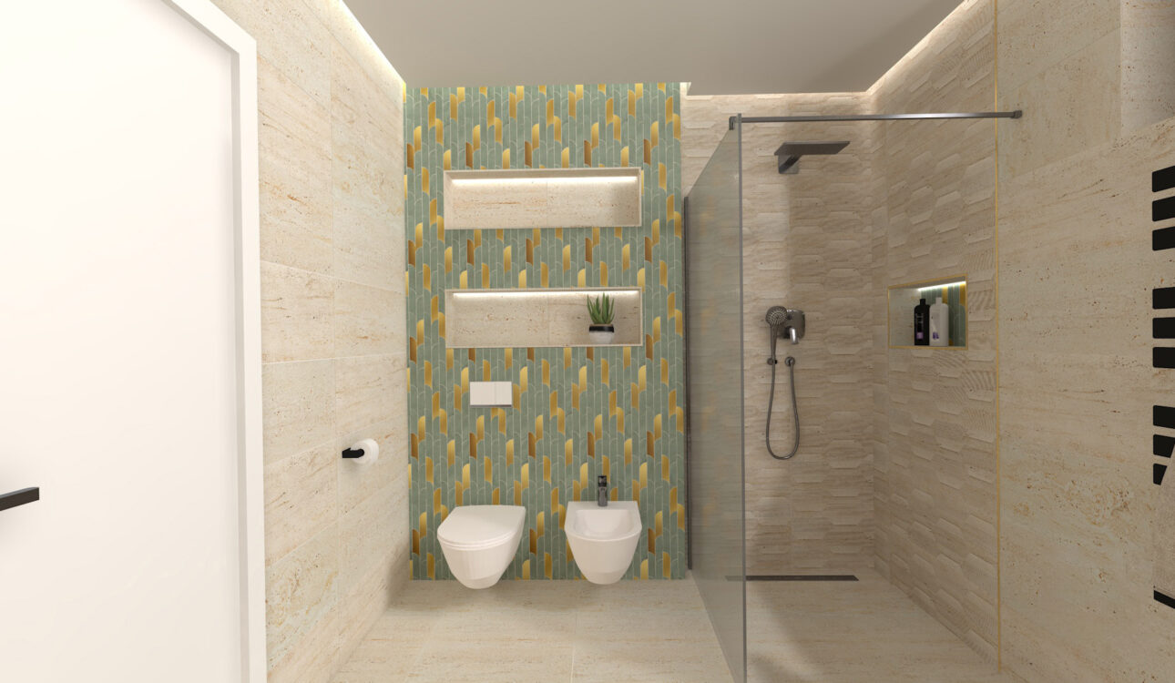 Fürdőszoba zöld és travertin